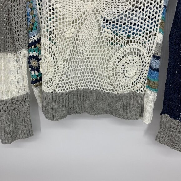 Desigual Cardigan Patchwork White Blue Acrylic Knit Zip Front - Picture 8 of 9